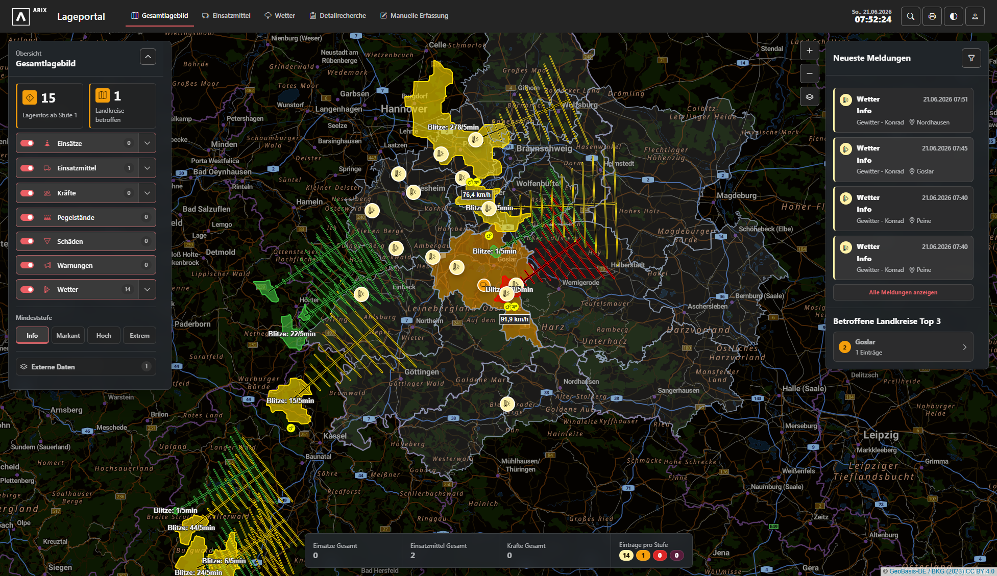 Screenshot des ARIX Lageportals mit Lagekarte, Filtern und Meldungen